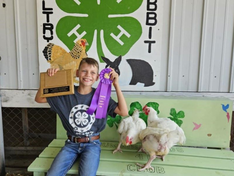 Sarpy Fair male youth exhibitor sitting on bench with two chickens, purple ribbon, and plaque.