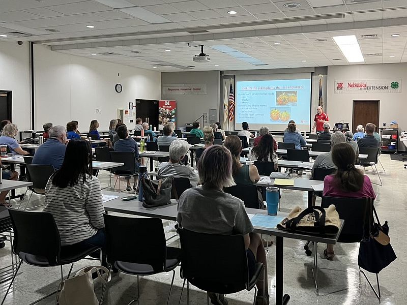 People in a meeting room watching a presentation.