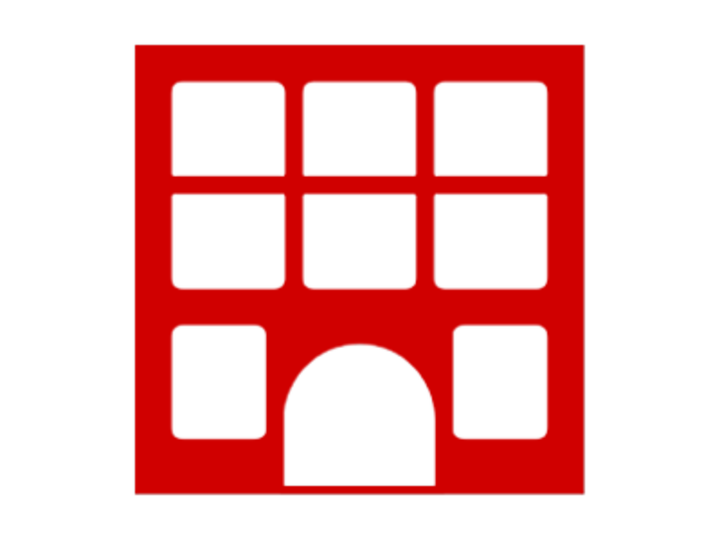 Red building icon with door and eight windows.