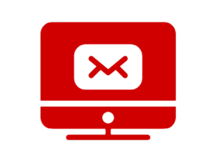 Red desktop computer icon with envelope in the center of the screen.