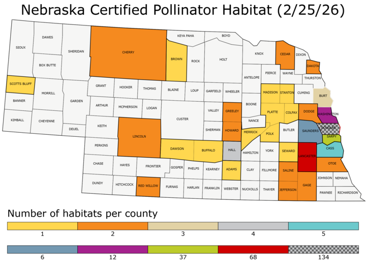Map of certified pollinator habitats in Nebraska as of February 25, 2026.