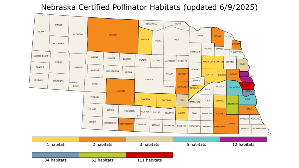 Map of certified pollinator habitats in Nebraska as of June 9, 2015.